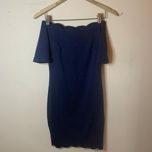 Off the Shoulder, Navy Blue Scallop Edging Dress